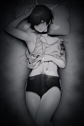 1boy absurdres arm_tattoo armpits bulge choker closed_eyes cum earrings ejaculation erection erection_under_clothes handsfree_ejaculation highres in_(ain) jewelry korean_commentary lying male_focus midriff monochrome navel on_back on_bed original penis penis_peek projectile_cum short_hair shorts sleeping tank_top tattoo trap wet_dream