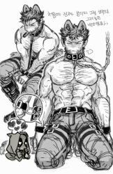2boys abs alternate_costume animal_ears arm_hair bara bdsm belt big_bad_wolf big_bad_wolf_(cosplay) blush chain chain_leash chest_hair cigar closed_eyes collar commentary_request cosplay couple deadpool deadpool_&amp;_wolverine deadpool_(series) dishing facial_hair finger_to_mouth gloves greyscale hairy halloween halloween_costume heart heart-shaped_pupils hood hood_up kneeling korean_commentary large_pectorals leash little_red_riding_hood_(fairy_tale) little_red_riding_hood_(fairy_tale_character)_(cosplay) little_red_riding_hood_(fairy_tale_character) looking_at_another male_focus marvel marvel_cinematic_universe mask mature_male monochrome mouth_hold multiple_boys muscular muscular_male nipples open_mouth pants pectorals restrained short_hair sigh sitting spoken_heart sweatdrop symbol-shaped_pupils tail teeth topless_male translation_request veins veiny_arms wolf_boy wolf_ears wolf_tail wolverine_(x-men) x-men yaoi