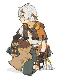 Rule 34 | 1boy, belt, bennett (adventures in blazing hue) (genshin impact), bennett (genshin impact), black pants, brown headband, closed mouth, commentary request, fingerless gloves, genshin impact, gloves, hair between eyes, headband, highres, holding, kneeling, nanase (nanataroo 7), pants, shirt, short sleeves, simple background, tepetlisaurus (genshin impact), white background, white hair