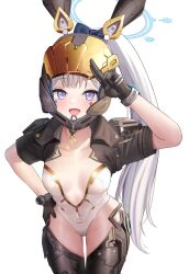 1girl alternate_costume animal_ears black_gloves blue_archive blue_halo breasts brown_shirt bunny_(the_first_descendant) commentary_request commission crossover fake_animal_ears gloves halo hand_on_own_hip highres ine_(ineinnen) leaning_forward leotard light_blush looking_at_viewer mechanical_ears medium_breasts miyako_(blue_archive) open_mouth pixiv_commission playboy_bunny ponytail purple_eyes rabbit_ears salute shirt short_sleeves simple_background small_breasts smile solo standing the_first_descendant two-finger_salute white_background white_hair