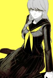 1boy braid crossdressing hair_between_eyes highres limited_palette long_hair long_skirt long_sleeves looking_at_viewer male_focus narukami_yu neckerchief persona persona_4 pleated_skirt sailor_collar school_uniform serafuku simple_background sitting skirt solo trap twin_braids wariza wig xikk0owedw6ko yasogami_school_uniform yellow_background yellow_neckerchief