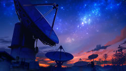 Rule 34 | 1girl, facing away, female focus, highres, holding, holding umbrella, long hair, night, night sky, original, outdoors, power lines, radio telescope, scenery, sky, smile (qd4nsvik), solo, standing, star (sky), starry sky, tree, umbrella