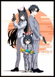 1boy 2girls absurdres animal_ear_fluff animal_ears black_hair black_necktie black_shoes blue_archive blush brown_eyes closed_mouth father_and_daughter fox_ears fox_girl grey_jacket grey_pants grey_shirt gun handgun highres holding holding_gun holding_water_gun holding_weapon jacket long_hair looking_at_viewer medium_hair melissa_v2 mother_and_daughter multiple_girls necktie pants red_eyes sensei_(blue_archive) shirt shoes short_hair sidelocks very_long_hair water_gun weapon white_shirt yukino_(blue_archive)