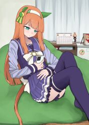 Rule 34 | 1girl, acrylic stand (object), animal ears, bean bag chair, binder, black choker, blue eyes, blunt bangs, blush, bow, bowtie, brown hair, cabinet, calendar (object), cellphone, choker, collarbone, dress, flat chest, frilled skirt, frills, furrowed brow, green ribbon, hair ribbon, hairband, hand on own stomach, hat, highres, holding, holding phone, horse ears, horse girl, horse tail, knees up, long hair, long sleeves, nose blush, off-shoulder dress, off shoulder, parted lips, phone, pleated skirt, purple sailor collar, purple shirt, purple skirt, purple thighhighs, queensalmon221, red hat, ribbon, sailor collar, santa costume, santa dress, santa hat, school uniform, shirt, short sleeves, silence suzuka (umamusume), sitting, skirt, smartphone, solo, tail, thighhighs, tracen school uniform, umamusume, very long hair, white bow, white bowtie, white hairband, wrist cuffs, zettai ryouiki