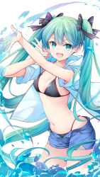 1girl aqua_eyes aqua_hair bikini black_bikini breasts commentary_request hatsune_miku highres long_hair matsuuni navel open_mouth shorts small_breasts solo splashing swimsuit v very_long_hair vocaloid water