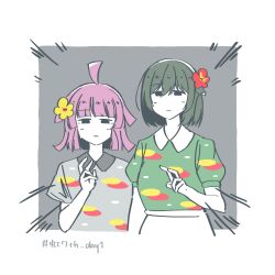 2girls absurdres ahoge bent_v black_hair blunt_bangs blunt_ends bob_cut border collared_shirt expressionless flower green_shirt grey_background grey_shirt hair_between_eyes hair_flower hair_ornament hair_ribbon hashtag hawaiian_shirt highres kishimen_hair koizumi_moeka looking_at_viewer love_live! love_live!_nijigasaki_high_school_idol_club mifune_shioriko multiple_girls official_alternate_costume pink_hair puffy_short_sleeves puffy_sleeves red_flower ribbon shirt short_hair short_sleeves simple_background skirt tanaka_chiemi tennoji_rina v voice_actor_connection white_border white_skirt xni2b yellow_flower