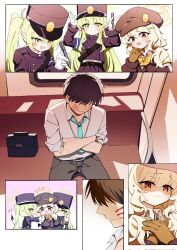 1boy 3girls aoba_(blue_archive) armband black_hair black_hat black_jacket black_tail blonde_hair blue_archive blue_armband blush bow bowtie brown_gloves closed_mouth gloves green_hair green_halo halo hat highres hikari_(blue_archive) jacket long_hair long_sleeves meng_yin multiple_girls nozomi_(blue_archive) open_mouth orange_halo peaked_cap pointy_ears red_eyes sensei_(blue_archive) shirt sitting sleeping tail twitter white_gloves white_shirt yellow_bow yellow_bowtie yellow_eyes