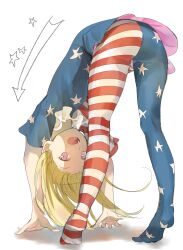 1girl american_flag american_flag_dress american_flag_pants american_flag_print blonde_hair blue_eyes clownpiece dress fang flag_print frontbend hands_on_ground highres long_hair ohanami_n one-hour_drawing_challenge open_mouth pants pantyhose print_pants short_sleeves simple_background solo star_(symbol) star_print striped_clothes striped_dress striped_pantyhose touhou