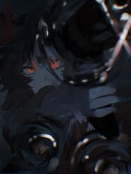 Rule 34 | 1girl, aiming, aiming at viewer, black coat, coat, commentary, crossed arms, dark, english commentary, glowing, glowing eyes, highres, looking at viewer, outstretched arms, red eyes, reverse:1999, schneider (reverse:1999), short hair, solo, upper body, wilson (wilson1151487)