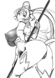 1girl ass breasts cameltoe covered_erect_nipples curvy female_focus full_body greyscale hair_ornament holding holding_weapon huge_ass journey_to_the_west large_breasts legs_apart lips long_hair long_twintails looking_at_viewer looking_back looking_to_the_side monkey_tail monochrome nipples pointy_ears queen&#039;s_blade queen&#039;s_blade_grimoire revealing_clothes rindou_(radical_dream) seiten_(queen&#039;s_blade) simple_background smile solo standing sun_wukong tail thong tiara twintails very_long_hair weapon