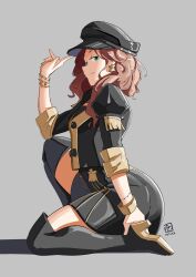 1girl arched_back arm_up automatic_giraffe black_boots black_jacket black_skirt boots brown_hair curvy dorothea_arnault earrings fire_emblem fire_emblem:_three_houses from_side garreg_mach_monastery_uniform green_eyes grey_background hat highres jacket jewelry nintendo shadow sitting skirt solo thighs