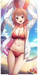 1girl absurdres ahoge arms_up ball beach beachball bikini blue_sky blurry blurry_background blush breasts brown_hair collarbone commentary_request flower gakuen_idolmaster hair_bun hanami_ume highres holding holding_ball holding_beachball idolmaster jacket jacket_over_swimsuit large_breasts long_hair looking_at_viewer navel ocean open_clothes open_jacket open_mouth outdoors red_bikini revision side-tie_bikini_bottom single_side_bun sky smile solo stomach swimsuit u_rin