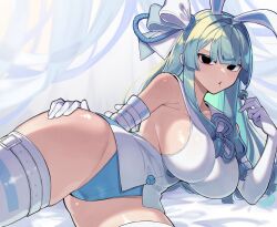 1girl alternate_costume alternate_eye_color animal_ears blue_hair breasts candy elbow_gloves food gloves hair_ornament hand_on_own_hip hashtag-only_commentary highres holding holding_candy holding_food holding_lollipop kotonoha_aoi large_breasts lollipop looking_at_viewer lying on_side rabbit_ears sideboob sidelocks solo thighhighs toriniku29 voiceroid white_gloves white_thighhighs