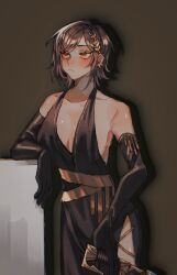 1girl alternate_costume bare_shoulders black_dress black_gloves bngb_love breasts brown_hair closed_mouth dark-skinned_female dark_skin dress earrings elbow_gloves gloves grey_background highres jewelry laurels limbus_company orange_eyes outis_(project_moon) project_moon short_hair simple_background sleeveless solo standing upper_body