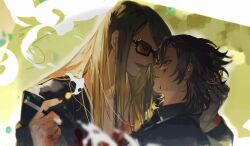 Rule 34 | 2boys, arm up, black-framed eyewear, black hair, black jacket, black nails, black shirt, blonde hair, blood, blood on face, cigarette, collared shirt, commentary request, daybit sem void, eye contact, eyes visible through eyewear, fate/grand order, fate (series), glasses, hair behind ear, hand in another&#039;s hair, holding, holding cigarette, huixingweiqi, jacket, long hair, long sleeves, looking at another, male focus, multiple boys, nail polish, open mouth, orange-tinted eyewear, parted bangs, profile, rectangular eyewear, shirt, smoke, smoke trail, suit jacket, teeth, tezcatlipoca (fate), tinted eyewear, upper body, white shirt, wing collar, yaoi, yellow eyes
