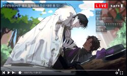 2boys accident black_capelet black_hat bow brown_hair cape capelet chanil_(muexlku) cinq_association_west_uniform day forest hat hat_bow heathcliff_(project_moon) highres korean_text limbus_company livestream looking_at_viewer meursault_(project_moon) multiple_boys nature necktie open_mouth oufi_association_south_uniform outdoors parted_bangs project_moon purple_bow purple_necktie sweat translation_request white_cape yaoi