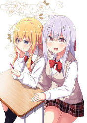 Rule 34 | 2girls, :d, ahoge, blonde hair, blue eyes, blush, bow, breasts, cross hair ornament, desk, floral background, gabriel dropout, gabriel tenma white, hair ornament, long hair, long sleeves, looking at phone, looking at viewer, medium breasts, miniskirt, multiple girls, o3o, official art, open mouth, phone, plaid clothes, plaid skirt, pleated skirt, purple hair, raphiel shiraha ainsworth, red bow, school desk, school uniform, shirt, simple background, sitting, skirt, smile, sweater, sweater vest, ukami, very long hair, white shirt, yellow eyes