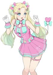 1girl :d bare_shoulders blonde_hair blue_eyes blue_hair bow breasts clothes_writing commentary_request curtained_hair fake_tail fang feet_out_of_frame frilled_gloves frills garter_straps gloves gradient_hair group_name hair_bow hair_ornament heart heart_hair_ornament heart_o-ring highres letter_hair_ornament link!_like!_love_live! love_live! miniskirt multicolored_hair navel o-ring o-ring_garter_belt o-ring_thigh_strap open_mouth osawa_rurino parted_bangs pink_bow pink_skirt pink_vest pleated_skirt shirt simple_background single_garter_strap skin_fang skirt sleeveless sleeveless_shirt small_breasts smile solo standing tail thigh_strap tomoe_(tomoe_200) twintails two-tone_hair vest virtual_youtuber wawo!_(love_live!) white_background white_gloves x_hair_ornament