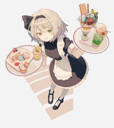 1girl absurdres alternate_costume apron black_dress black_hairband black_shoes cake cake_slice cherry commentary_request dress enmaided food food_request fruit green_eyes grey_hair grin hairband highres hinataku1222 holding holding_tray konpaku_youmu macaron maid pantyhose parfait puffy_short_sleeves puffy_sleeves shoes short_sleeves smile solo spoon strawberry strawberry_shortcake touhou tray white_apron white_pantyhose