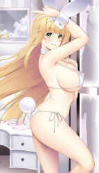 Rule 34 | 1girl, animal ears, armpits, bikini, blonde hair, breasts, door, feet out of frame, green eyes, hataraki kuma, highres, indoors, large breasts, long hair, looking at viewer, open mouth, original, playboy bunny bikini, playboy bunny swimsuit, rabbit ears, rabbit tail, side-tie bikini bottom, smile, solo, standing, standing on one leg, swimsuit, tail, white bikini