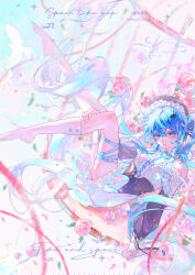 1girl absurdres antry_tange bare_shoulders black_corset black_sleeves blue_eyes blue_hair blush clothing_cutout corset crossed_bangs dress frilled_dress frills hair_between_eyes hatsune_miku highres long_hair looking_at_viewer no_shoes shoulder_cutout sidelocks smile socks solo twintails vocaloid white_dress white_socks