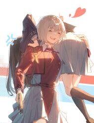 2girls absurdres anger_vein bag black_hair blonde_hair carrying carrying_over_shoulder carrying_person closed_eyes commentary dkl_(dinosaurkl2) gun hand_on_another&#039;s_ass handgun heart highres inoue_takina long_hair long_sleeves lycoris_recoil lycoris_uniform m1911 multiple_girls neck_ribbon nishikigi_chisato on_shoulder open_mouth ribbon school_bag skirt socks teeth weapon