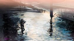 absurdres banishment commentary_request fence highres no_humans original outdoors plant puddle scenery signature water wooden_fence