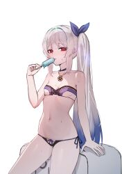 1girl absurdres bare_arms blue_hair breasts commission cowboy_shot food highres holding holding_food holding_popsicle jewelry kir_(arca) licking long_hair looking_at_viewer navel original panties pendant popsicle red_eyes second-party_source side-tie_panties side_ponytail simple_background small_breasts solo stomach sweat tongue tongue_out underwear white_background white_hair