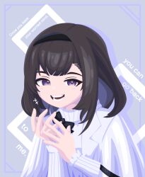 +++ 1girl arknights black_bow black_hairband bow brown_hair coat derivative_work diamond-shaped_pupils diamond_(shape) english_text gribberoni hairband highres lab_coat open_mouth priestess_(arknights) purple_eyes screenshot_redraw simple_background smile solo sweater symbol-shaped_pupils turtleneck turtleneck_sweater white_coat white_sweater