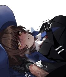 1boy 1girl black_coat black_gloves blood blood_on_clothes blood_on_face blue_necktie blush brown_eyes brown_hair censored coat collared_shirt dark-skinned_female dark_skin gloved_handjob gloves handjob hetero limbus_company looking_at_viewer mosaic_censoring necktie outis_(project_moon) penis project_moon shirt short_hair simple_background solo_focus veins veiny_penis white_background white_shirt yippee