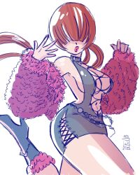 1girl ass boots breasts cleavage_cutout clothing_cutout curvy dress female_focus fluffy heart heel_up highres huge_ass huge_breasts jaliet_exe large_breasts long_hair no_bra pale_skin ponytail red_hair shermie_(kof) skirt standing standing_on_one_leg the_king_of_fighters thick_lips thick_thighs thighs twintails wide_hips