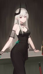 1girl ambience_synesthesia arknights bajigurr bare_shoulders black_dress black_horns breasts cleavage closed_mouth collarbone counter cowboy_shot dress grey_hair halter_dress halterneck hashtag-only_commentary highres horns long_hair medium_breasts mudrock_(arknights) mudrock_(obsidian)_(arknights) official_alternate_costume pointy_ears red_eyes solo standing