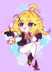 Rule 34 | 1girl, absurdres, ahoge, aqua shirt, belt, black boots, black gloves, black jacket, blonde hair, blue eyes, boots, chibi, dokibird, dokibird (bounty hunter), dragoon (dokibird), english text, finger gun, full body, gloves, hair ornament, hairclip, highres, indie virtual youtuber, jacket, medium hair, necktie, open clothes, open jacket, open mouth, orange necktie, pants, purple background, shirt, smile, solo, spurs, star (symbol), troubleshooter bun, virtual youtuber, white pants