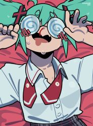 1girl absurdres blood blue_eyes blush coke-bottle_glasses confessions_of_a_rotten_girl_(vocaloid) female_focus fingernails glasses happy hatsune_miku highres lying necktie nosebleed on_back red_necktie ryu_(ryuwanshoy) school_uniform shirt smile solo upper_body vocaloid white_shirt