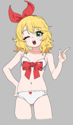 1girl acaa blonde_hair bow bra breasts green_eyes highres idolmaster idolmaster_cinderella_girls index_finger_raised looking_at_viewer navel one_eye_closed open_mouth panties red_bow sakurai_momoka short_hair sketch small_breasts solo underwear white_bra white_panties