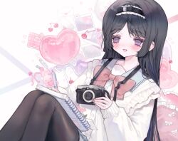 1girl black_hair black_pantyhose blush borrowed_character bow camera camera_around_neck cardigan commission feet_out_of_frame frilled_hairband frills hairband heart holding holding_camera holding_pen light_smile lolita_fashion long_hair long_sleeves mole mole_under_eye mole_under_mouth nail_polish object_on_lap open_mouth original pale_skin pantyhose pen purple_eyes red_bow sailor_collar second-party_source shishamosama sitting skeb_commission sketchbook sleeves_past_fingers sleeves_past_wrists solo straight_hair stuffed_animal stuffed_rabbit stuffed_toy very_long_hair white_background white_cardigan