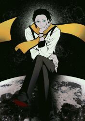 1boy black_hair black_trim blue_eyes closed_mouth commentary_request crossed_legs earth_(planet) elbow_on_knee floating_scarf hair_slicked_back hand_on_own_face highres korean_commentary long_scarf long_sleeves male_focus mochizuki_ryouji mole mole_under_eye otoko_haza pants persona persona_3 planet scarf shoes short_hair sitting sleeve_cuffs smile solo space suspenders yellow_scarf