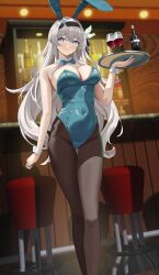 1girl absurdres alternate_costume animal_ear_hairband animal_ears aqua_bow aqua_bowtie aqua_leotard black_hair black_pantyhose blue_eyes bottle bow bowtie breasts covered_navel crossed_legs cup detached_collar drinking_glass fake_animal_ears firefly_(honkai:_star_rail) grey_hair haerge hairband hashtag-only_commentary highres holding holding_tray honkai:_star_rail honkai_(series) large_breasts leotard long_hair looking_at_viewer pantyhose playboy_bunny rabbit_ear_hairband rabbit_ears smile solo strapless strapless_leotard thigh_gap tray watson_cross wine_glass wrist_cuffs