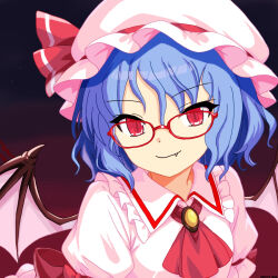 Rule 34 | 1girl, ascot, bat wings, bespectacled, blue hair, brooch, closed mouth, collared shirt, commentary request, fang, fang out, frilled shirt collar, frills, glasses, hat, hat ribbon, jewelry, long hair, looking at viewer, mist9801km, mob cap, pink hat, pink shirt, red-framed eyewear, red ascot, red eyes, red ribbon, remilia scarlet, ribbon, shirt, smile, solo, touhou, wings