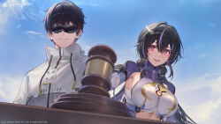 1boy 1girl absurdres adjutant_(snowbreak) armpit_cutout black-framed_eyewear black_hair breasts clothing_cutout collar collared_shrug elbow_gloves gavel glasses gloves gradient_clothes highres jacket large_breasts long_hair looking_at_viewer low_twintails mole mole_under_each_eye mole_under_eye multicolored_hair multiple_moles official_art official_wallpaper open_mouth purple_collar purple_eyes purple_hair purple_shrug round_eyewear second-party_source semi-rimless_eyewear short_hair shrug_(clothing) sidelocks sky smile snowbreak:_containment_zone stomach_cutout streaked_hair sunglasses tight_clothes twintails vidya_shannon white_jacket