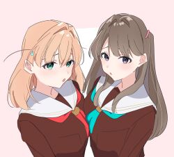 2girls :o aqua_neckerchief asymmetrical_docking blush breast_press breasts brown_dress brown_hair crossed_bangs dress fujishima_megumi green_eyes hair_between_eyes hair_intakes hair_ornament hasu_no_sora_school_uniform highres hinoshita_kaho large_breasts link!_like!_love_live! long_hair long_sleeves looking_at_viewer love_live! medium_breasts multiple_girls neckerchief orange_hair parted_lips pink_background potu_sabu purple_eyes rabbit_hair_ornament red_neckerchief sailor_collar sailor_dress school_uniform simple_background two_side_up upper_body virtual_youtuber white_sailor_collar winter_uniform