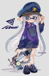 1girl artist_name blue_background blue_eyes blue_hair blue_hat blue_jacket blue_shoes bright_pupils closed_mouth commentary_request full_body hand_on_headwear hat highres holding holding_weapon inkling inkling_girl inkling_player_character jacket loafers long_hair long_sleeves looking_at_viewer loose_socks maco_spl multicolored_eyes multicolored_jacket nintendo peaked_cap pointy_ears purple_jacket red_eyes red_shirt shirt shoes socks solo splash-o-matic_(splatoon) splatoon_(series) splatoon_3 standing striped_clothes striped_jacket tentacle_hair two-tone_eyes two-tone_jacket very_long_hair weapon white_pupils white_socks