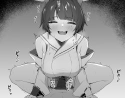 1boy 1girl blue_archive cowgirl_position girl_on_top greyscale heart hetero highres japanese_clothes kimono monochrome niya_(blue_archive) pov sex sideless_kimono sleeveless sleeveless_kimono straddling tennen_inari translation_request