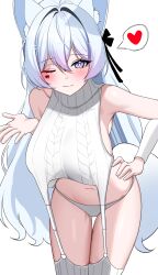 1girl absurdres animal_ears arm_warmers armpits bare_shoulders blue_eyes breasts cable_knit closed_mouth commission cowboy_shot diamond-shaped_pupils diamond_(shape) facial_mark fox_ears fox_girl fox_tail garter_straps hair_ribbon hand_on_own_hip hand_up heart highres large_breasts leaning_forward long_hair looking_at_viewer meme_attire multicolored_hair navel one_eye_closed original panties ribbon smile solo spoken_heart stomach streaked_hair suisen_(suisenhwa) symbol-shaped_pupils tail thigh_gap thighhighs thighs underwear very_long_hair virgin_destroyer_sweater white_panties white_thighhighs