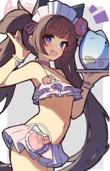 1girl :d bikini blue_archive blush bracelet breasts brown_hair cowboy_shot frilled_bikini frills highres holding holding_plate jewelry loli looking_at_viewer maid_headdress navel notice_lines open_mouth plate purple_eyes ring shizuko_(blue_archive) shizuko_(swimsuit)_(blue_archive) small_breasts smile solo stomach swimsuit tetenka twintails