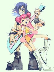 2girls ami_onuki blue_hair boots hi_hi_puffy_amiyumi highres multiple_girls notperera one_eye_closed pink_hair smile spikes wink yumi_yoshimura