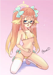 1girl :o aroused asymmetrical_legwear bikini blonde_hair blue_archive blue_eyes blunt_bangs blush breasts breath commentary_request feather_hair glasses gold_bikini hair_ribbon halo heavy_breathing highres kneehighs long_hair micro_bikini milkmochi mismatched_legwear multicolored_hair navel orange_hair plaid_ribbon pussy_juice ribbon ribbon-trimmed_underwear ribbon_trim semi-rimless_eyewear shimiko_(blue_archive) small_breasts socks solo squatting stomach swimsuit thighhighs twintails under-rim_eyewear underwear very_long_hair white_thighhighs yellow_bikini