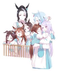 Rule 34 | 6+girls, :3, aged down, ahoge, animal ears, animal hood, apron, baby, blue hair, blue skirt, blush, braid, braided bun, brown hair, carrying, child carry, closed eyes, clothing cutout, cradle, crown braid, drooling, ears down, hair bun, hood, horse ears, horse girl, horse tail, long hair, long sleeves, looking at viewer, mejiro ardan (umamusume), mejiro bright (umamusume), mejiro dober (umamusume), mejiro mcqueen (umamusume), mejiro palmer (umamusume), mejiro ramonu (umamusume), mejiro ryan (umamusume), mole, mole under eye, multicolored hair, multiple girls, onesie, open mouth, pacifier, pajamas, romi (346 ura), short hair, simple background, skirt, sleeping, smile, speech bubble, squeans, streaked hair, sweater, tail, tail through clothes, thought bubble, umamusume, white background, white sweater, zzz