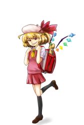 Rule 34 | 1girl, adapted costume, backpack, bag, beret, evil grin, evil smile, female focus, flandre scarlet, flute, grin, hat, instrument, kneehighs, mob cap, note-takahashi, ponytail, randoseru, recorder, red eyes, school uniform, sharp teeth, shoes, side ponytail, smile, socks, solo, standing, standing on one leg, takahashi note, teeth, touhou, transparent background, walking, wings