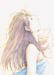 1girl absurdres bare_shoulders bbmasa commentary_request from_side gradient_background grey_background hibike!_euphonium highres liz_to_aoi_tori long_hair looking_up messy_hair purple_hair red_eyes solo strapless traditional_media upper_body yoroizuka_mizore